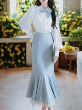 Load image into Gallery viewer, 2PS White Lace Bow Long Sleeve Shirt And Blue Fishtail Skirt Outfits