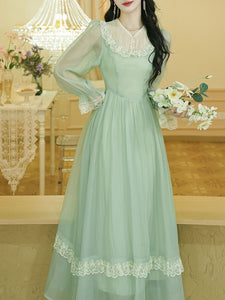 Green Lace Neck Ruffles Edwardian Revival Chiffon Dress