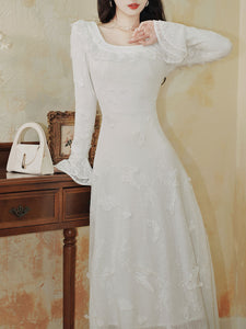 White 3D Butterfly Square Collar Long Sleeve Wedding Dress