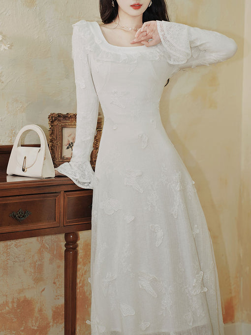 White 3D Butterfly Square Collar Long Sleeve Wedding Dress