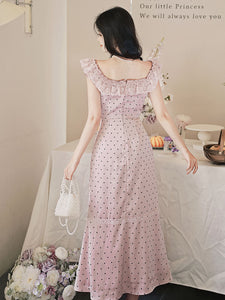 Pink Polka Dots Lace U-neck 1930S Vintage Dress