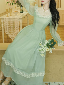 Green Lace Neck Ruffles Edwardian Revival Chiffon Dress