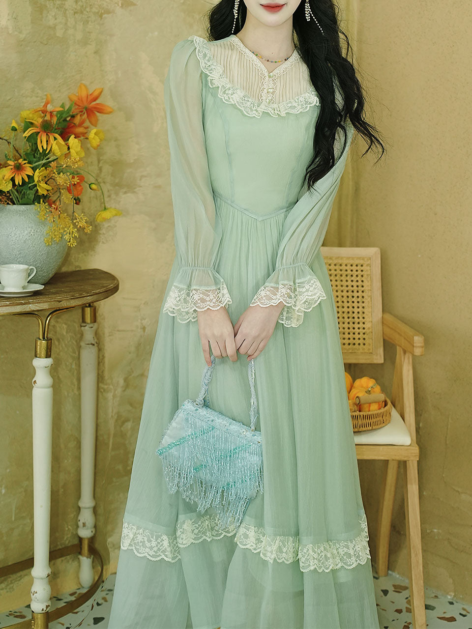 Green Lace Neck Ruffles Edwardian Revival Chiffon Dress