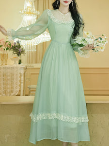 Green Lace Neck Ruffles Edwardian Revival Chiffon Dress