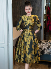 Load image into Gallery viewer, Yellow Luxury Print High Waist Swing Vintage Dress