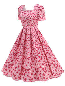 Pink Square Neck Sweet Heart Swing 1950S Vintage Dress