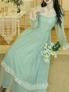 Green Lace Neck Ruffles Edwardian Revival Chiffon Dress