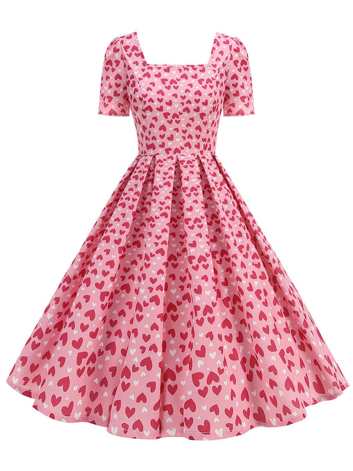 Pink Square Neck Sweet Heart Swing 1950S Vintage Dress