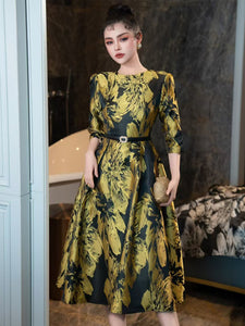 Yellow Luxury Print High Waist Swing Vintage Dress