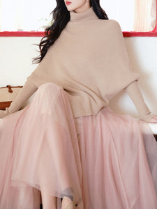 2 Piece Retro Irregular Bat Sleeve Cape Sweater and Pink Mesh Skirt Set