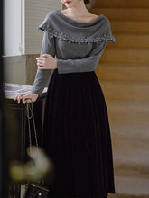 Load image into Gallery viewer, 1950S Vintage Gray Lapel Flower Knit Sweater and Velvet Pleated Skirt Audrey Hepburn&#39;s outfit