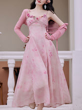 Load image into Gallery viewer, 2PS Pink Rose Handmade Flower Suspender Print Vintage Dress and Cardigan Suit