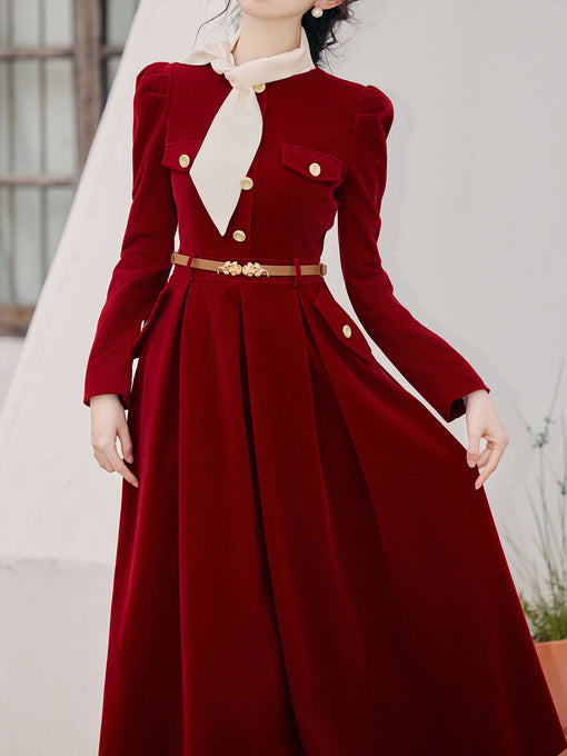 Red Velvet Vintage Dress With Gold Buttons