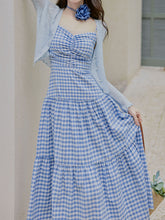 Load image into Gallery viewer, 3PS Blue Plaid Spaghetti Strap Dress With Blue Shawl Dress Suit