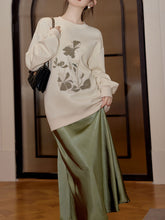 Load image into Gallery viewer, 2 Piece White Crew Neck Embroidered Sweatshirt and Green Satin Fishtail Skirt Set