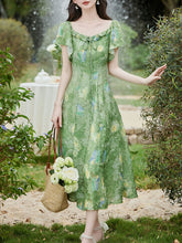 Load image into Gallery viewer, Green Square Neck Short Sleeve Butterfly Print Vintage Dress