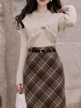 Load image into Gallery viewer, 2PS Red Bow Knitted Sweater Top With Plaid Skirt Vintage 1950s Suits