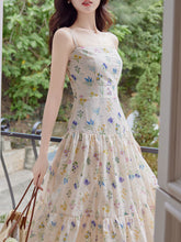 Load image into Gallery viewer, 2PS White Floral Print Spaghetti Strap Dress With Blue Shawl Dress Suit