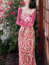 Load image into Gallery viewer, 2PS Pink Floral Print Spaghetti Strap Dress With Rose Shawl Dress Suit