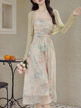 Load image into Gallery viewer, 2PS Light Pink Floral Print Spaghetti Strap Dress With Green Shawl Dress Suit