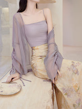 Load image into Gallery viewer, 3PS Purple Floral Tube Top and Slit Skirt 1950s Cardigan Suit