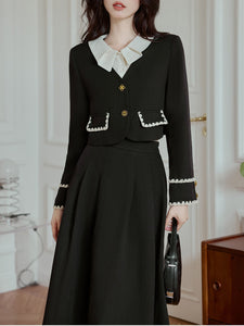2PS Black Fake Collar Tweed Top And Swing Skirt 1950s Vintage Suit