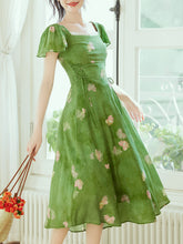 Load image into Gallery viewer, Green Square Neck Short Sleeve Floral Vintage Dress