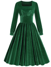 Load image into Gallery viewer, Christmas Green Square Collar Long Sleeve Velvet 1950S Vintage Swing Dress