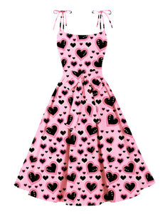 Sweet Love Heart Print  Spaghetti Strap 1950s Vintage Swing Dress