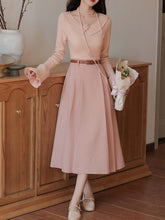 Load image into Gallery viewer, 2PS Pink Rose V Neck Sweater And Swing Skirt Vintage outfit