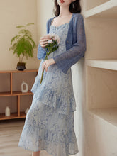 Load image into Gallery viewer, 2PS Blue Floral Print Spaghetti Strap Dress With Blue Shawl Dress Suit