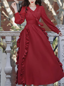 Red Rose V Neck Ruffles Long Sleeve Princess 1950S Vintage Dress