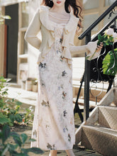 Load image into Gallery viewer, 2PS Apricot Floral Print Spaghetti Strap Velvet Dress With White Knit Cardigan Dress Suit