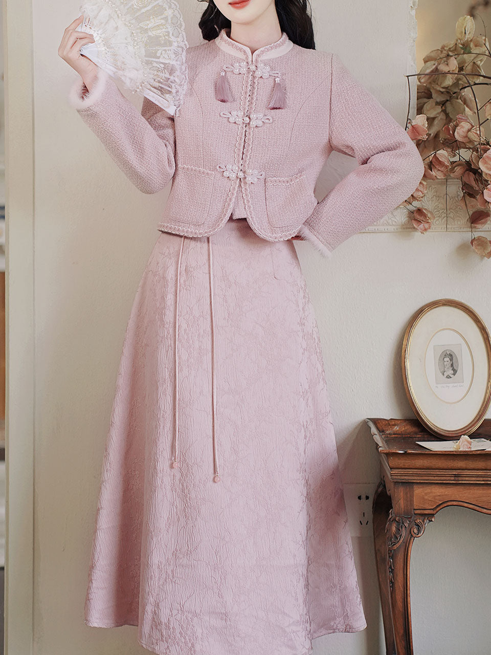 2PS Pink Long Sleeve Warm Coat With Pink Split Skirt Vintage Suit