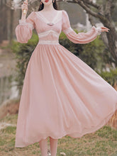 Load image into Gallery viewer, Pink Rose Girl Retro Lace V-neck Chiffon Long Lantern Sleeve Dress