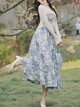 Load image into Gallery viewer, 2PS Apricot Cardigan With Blue Porcelain Pattern Swing Dress