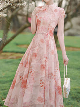 Load image into Gallery viewer, Pink Stand Collar Rose Flower Print Cat&#39;s Eye Button Cap Sleeve Cheongsam Dress