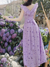 Load image into Gallery viewer, Purple Butterfly Print Shoulder Ruffles Vintage Dress