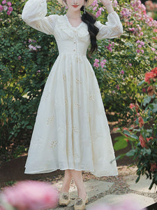 White V Neck Long Sleeved Embroidered Hollow Cotton Dress