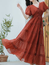 Load image into Gallery viewer, Burgundy V-neck Pleated Puff Sleeve Maxi Dress