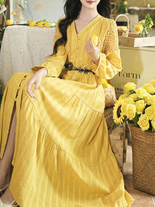 Yellow V-neck Boho Embroidered Bohemian Dress