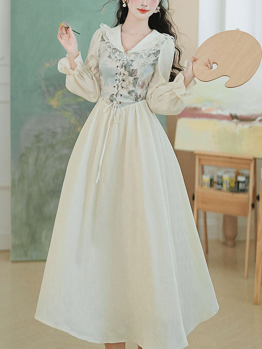 White V Neck Printed Long Sleeve Corset Vintage Dress