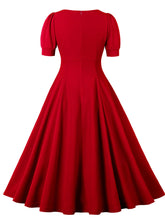 Load image into Gallery viewer, Blue Crew Neck Puff Sleeve 1950S Vintage Swing Dress