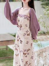 Load image into Gallery viewer, 2PS Purple Butterfly Print Spaghetti Strap Dress With Shawl Dress Suit