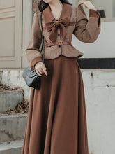 Load image into Gallery viewer, 2PS Brown Bow Tweed Coat With Swing Skirt 1950S Vintage Audrey Hepburn&#39;s Style Outfits