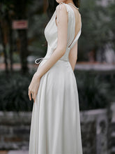 Load image into Gallery viewer, White Suspender Deep V-neck Satin Backless Maxi Dress Prom Dress With Long Chiffon Cardigan