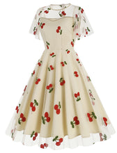 Load image into Gallery viewer, Black Semi Mesh Cherry Embroidered Short Sleevele 50S Swing Dress