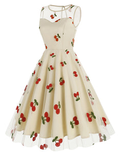 White Semi Mesh Cherry Embroidered Sleeveless 50S Swing Dress