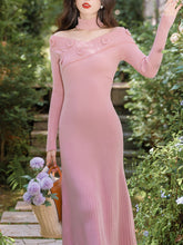 Load image into Gallery viewer, 1940S Pink Rose High Waist Knitted Sweater Long Sleeve Vintage Dress