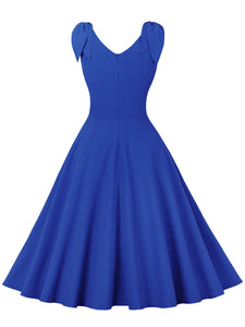 Blue Bow Sleeve V Neck 1950S Vintage Swing Dress